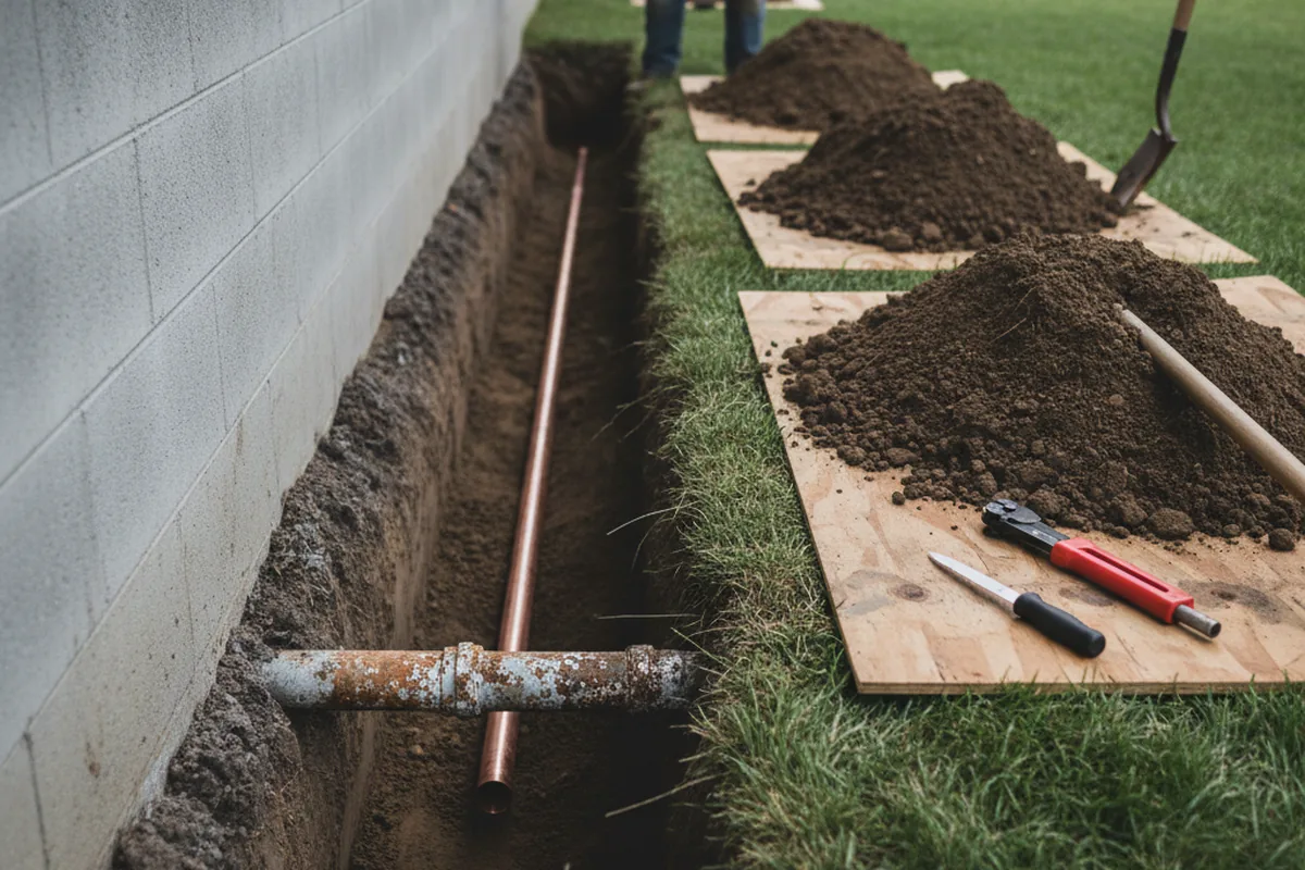 Excavated water line trench during Sewer Line Repair in Saint Francis